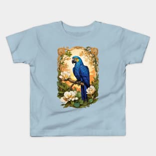Blue Parrot Macaw with Magnolias retro vintage design Kids T-Shirt